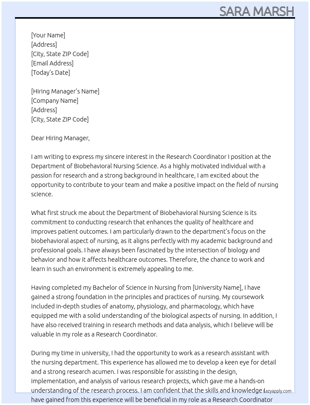 Research Coordinator I At Department of Biobehavioral Nursing Science Cover Letter