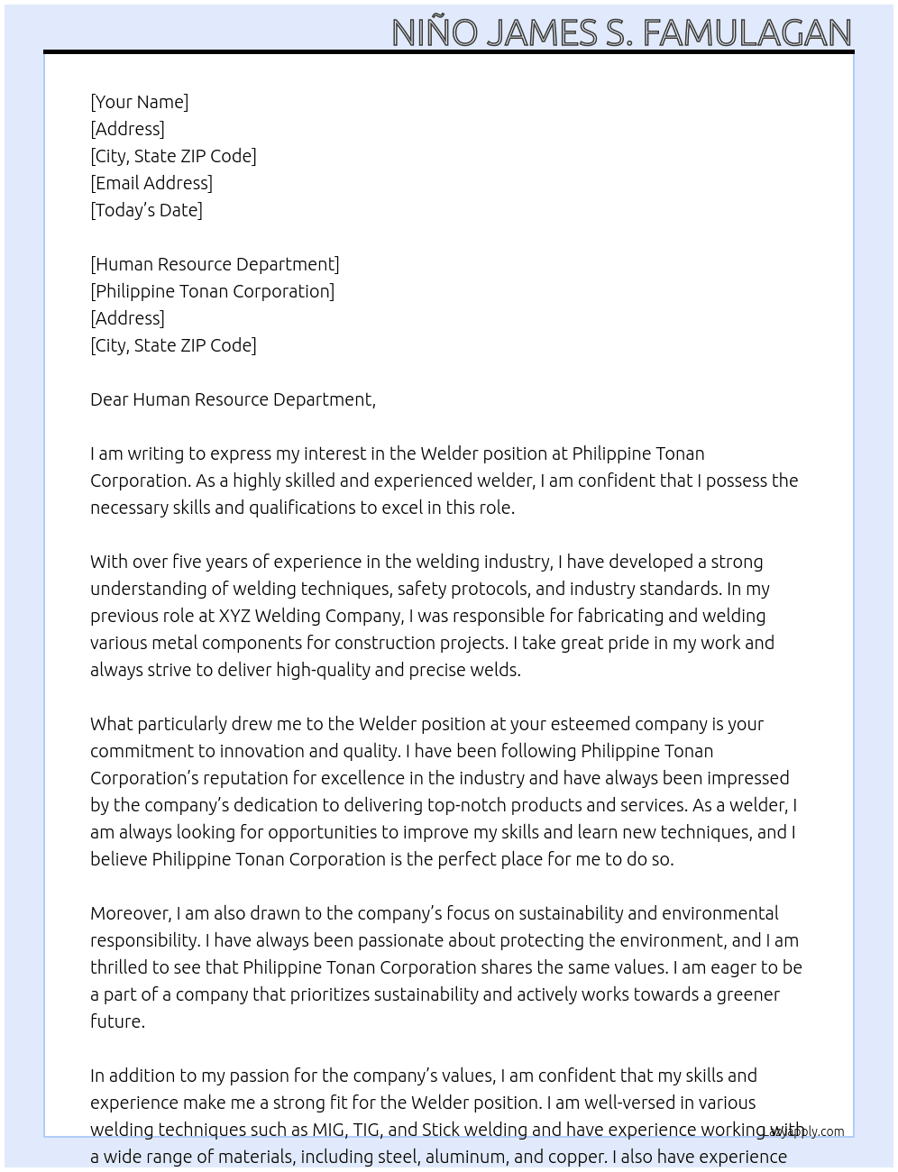 welder At Philippine Tonan Corporation Cover Letter