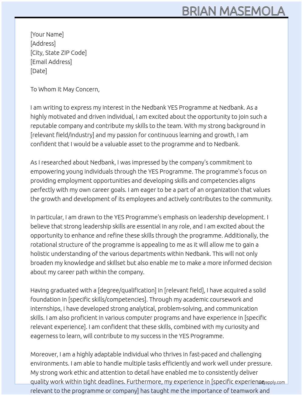 Nedbank YES Programme At NEDBANK  Cover Letter