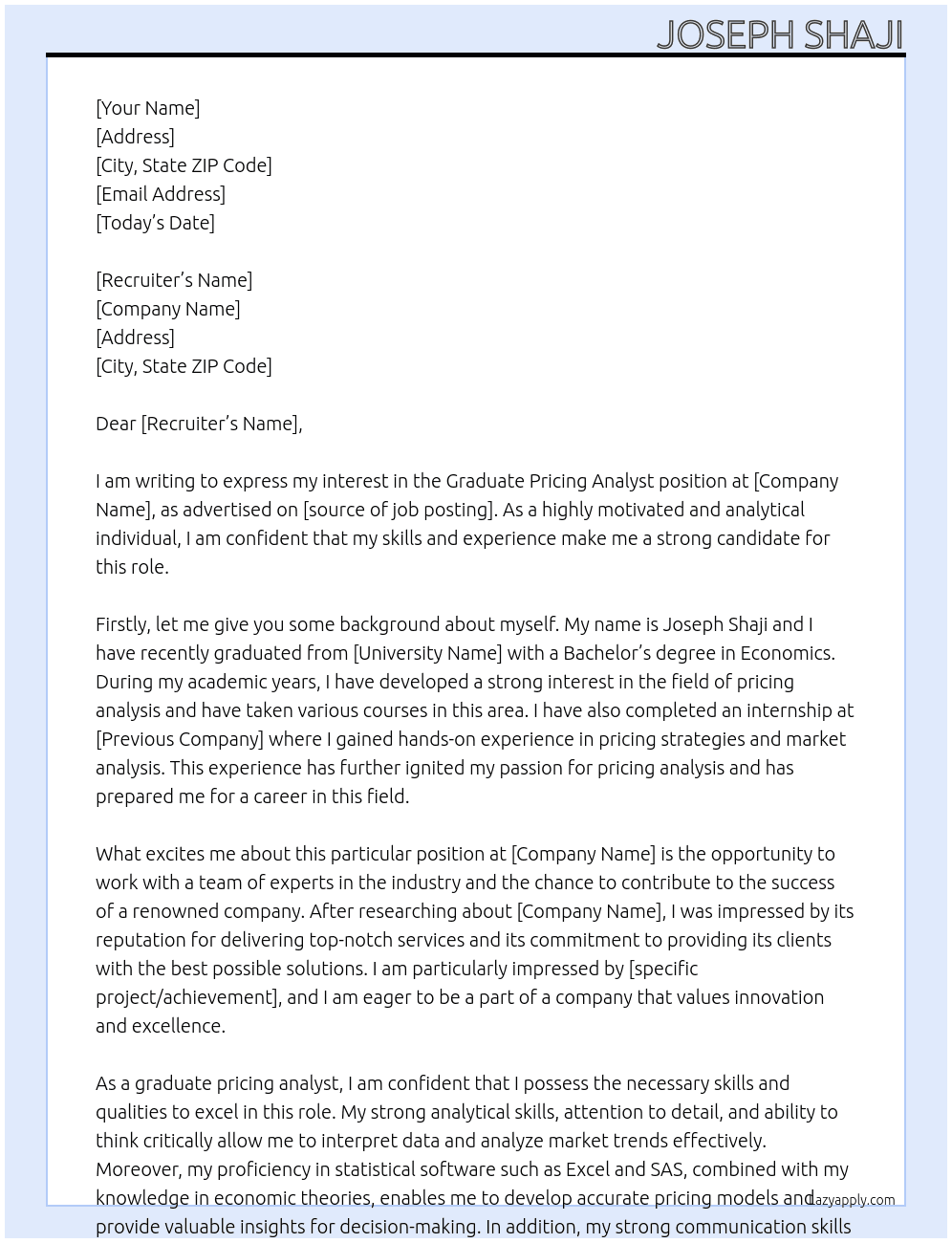 Graduate Pricing Analyst At AA Cover Letter