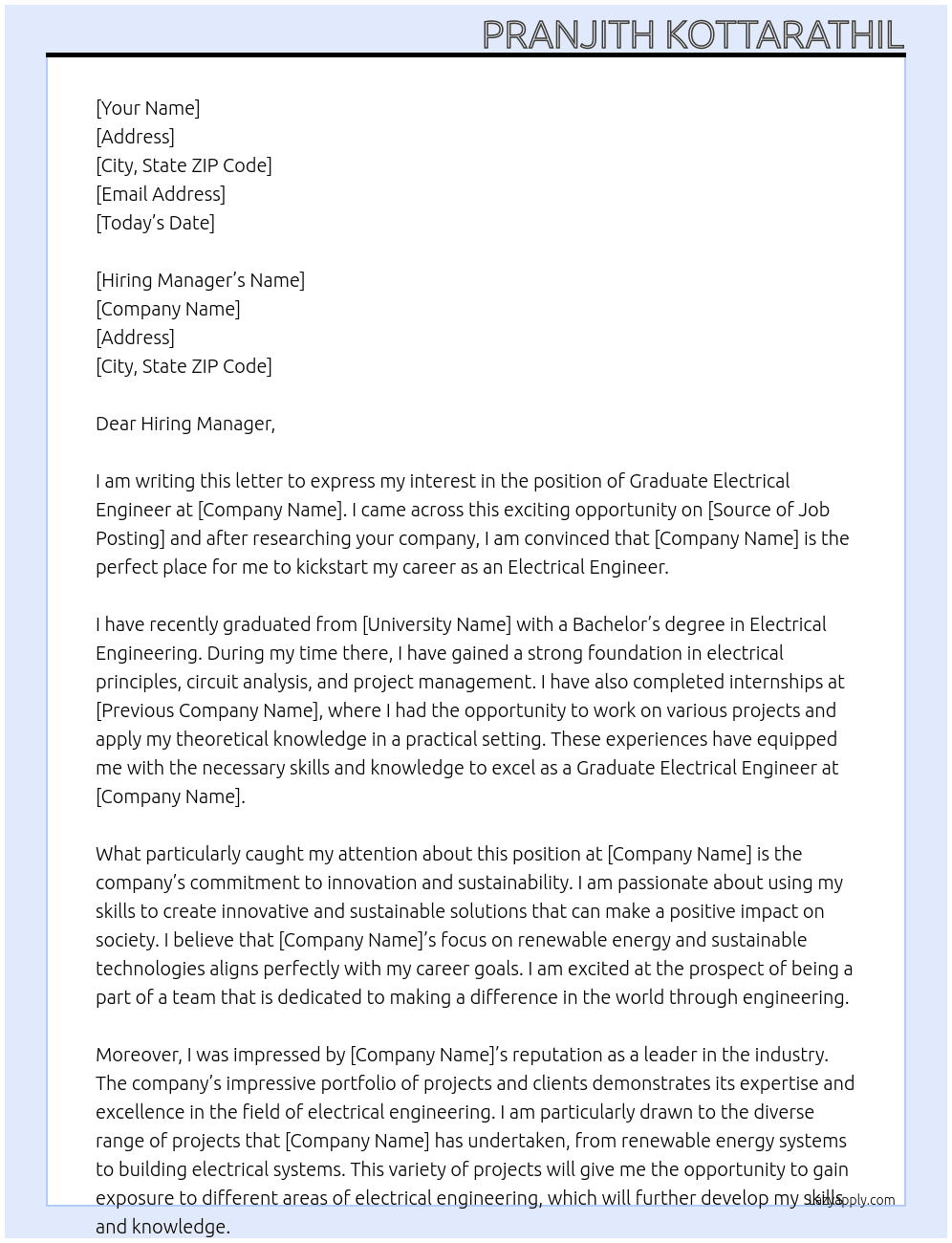 Graduate Electrical Engineer At bam Cover Letter