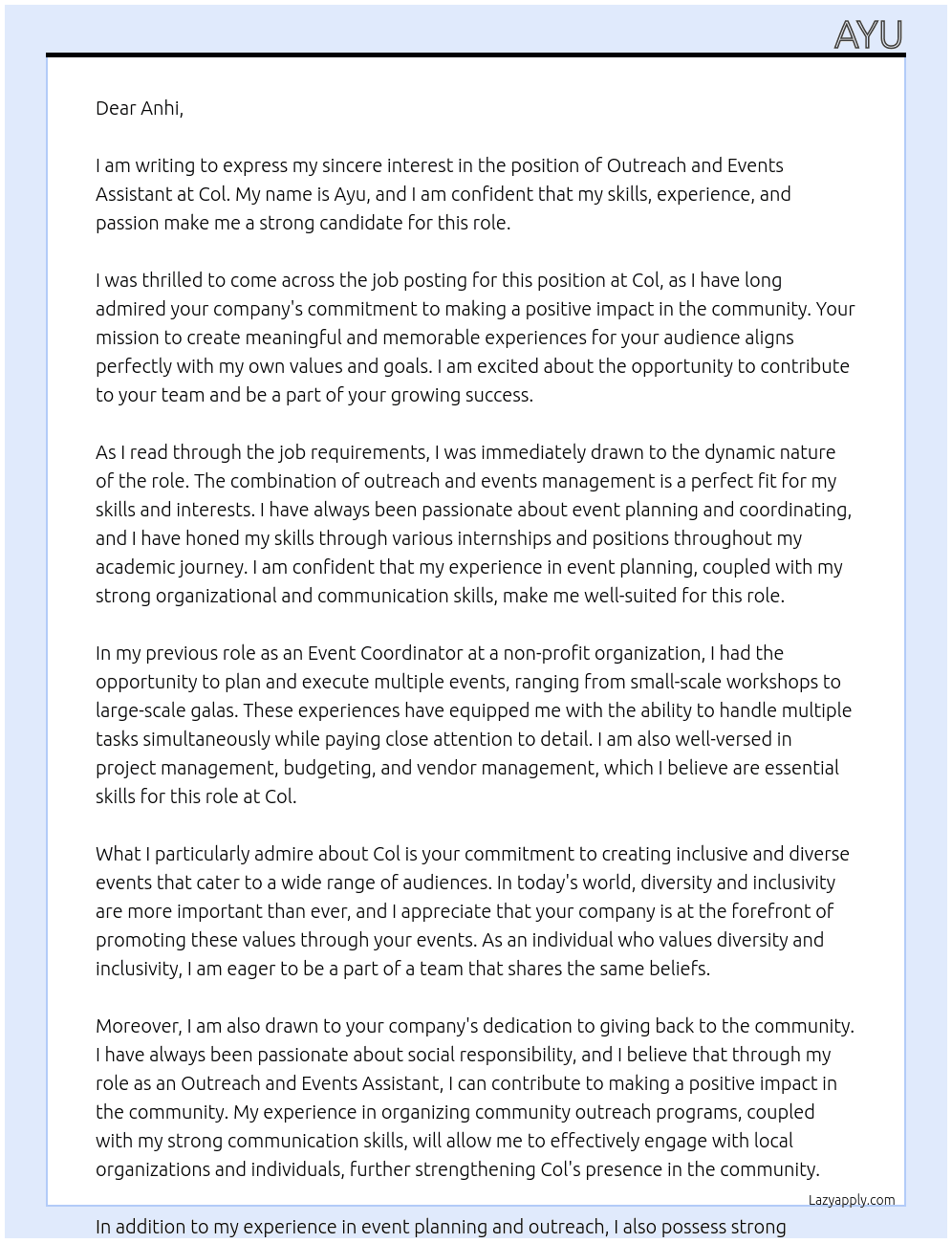 Outreach and Events Assistant At Col Cover Letter