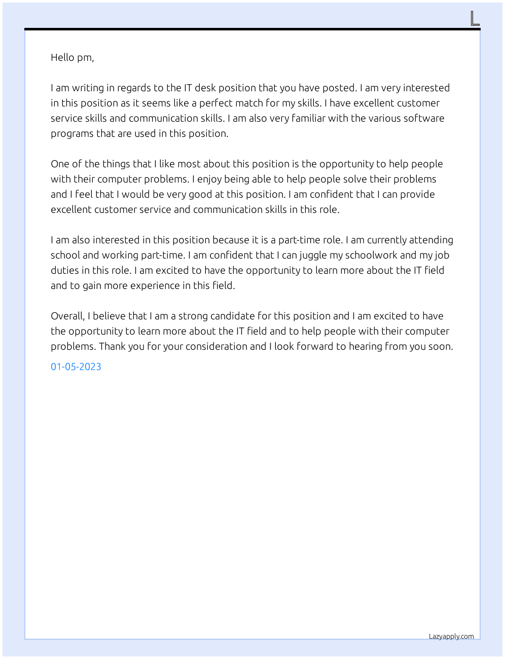 it desk  At pm Cover Letter