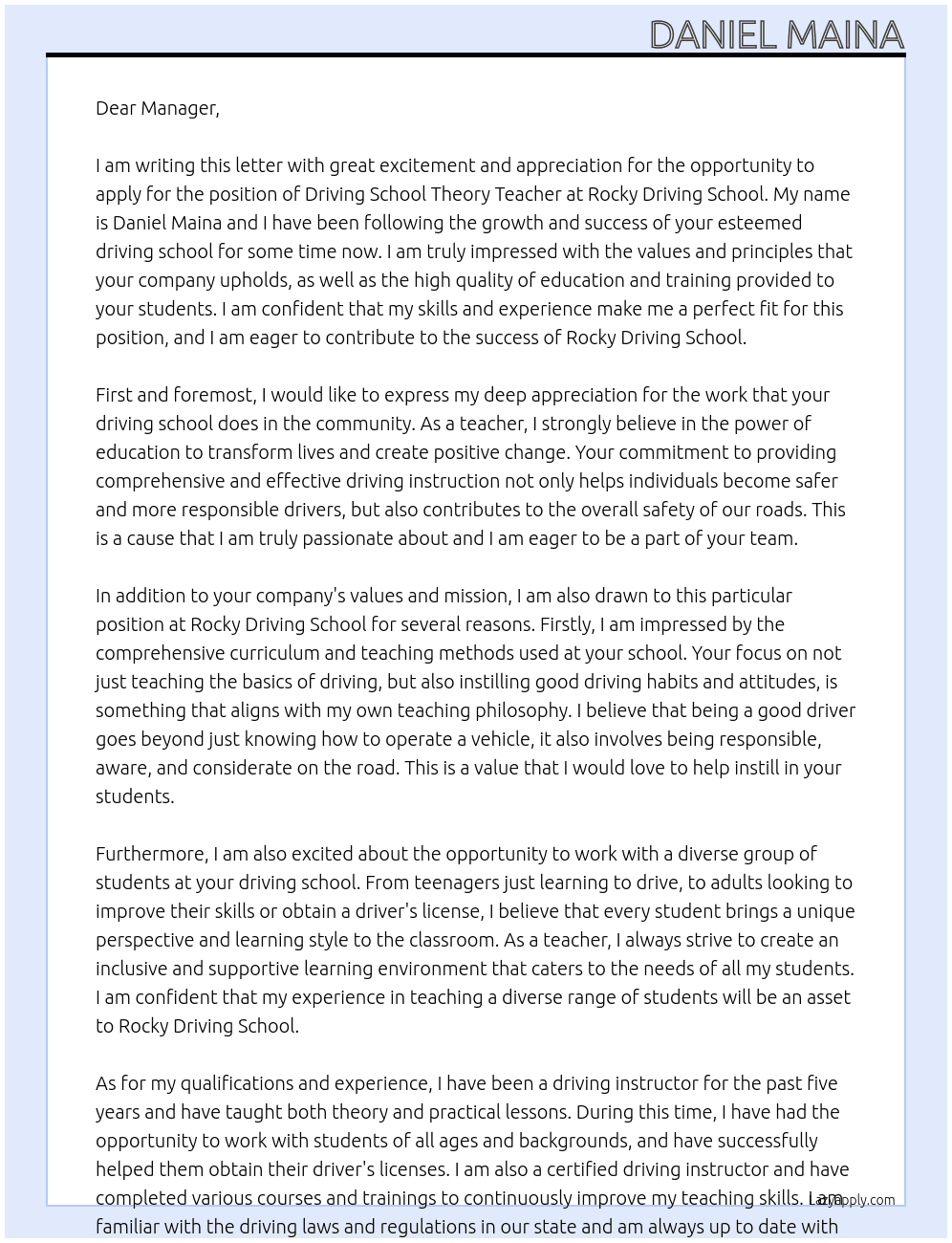 Driving school theory teacher At Rocky Driving School Cover Letter