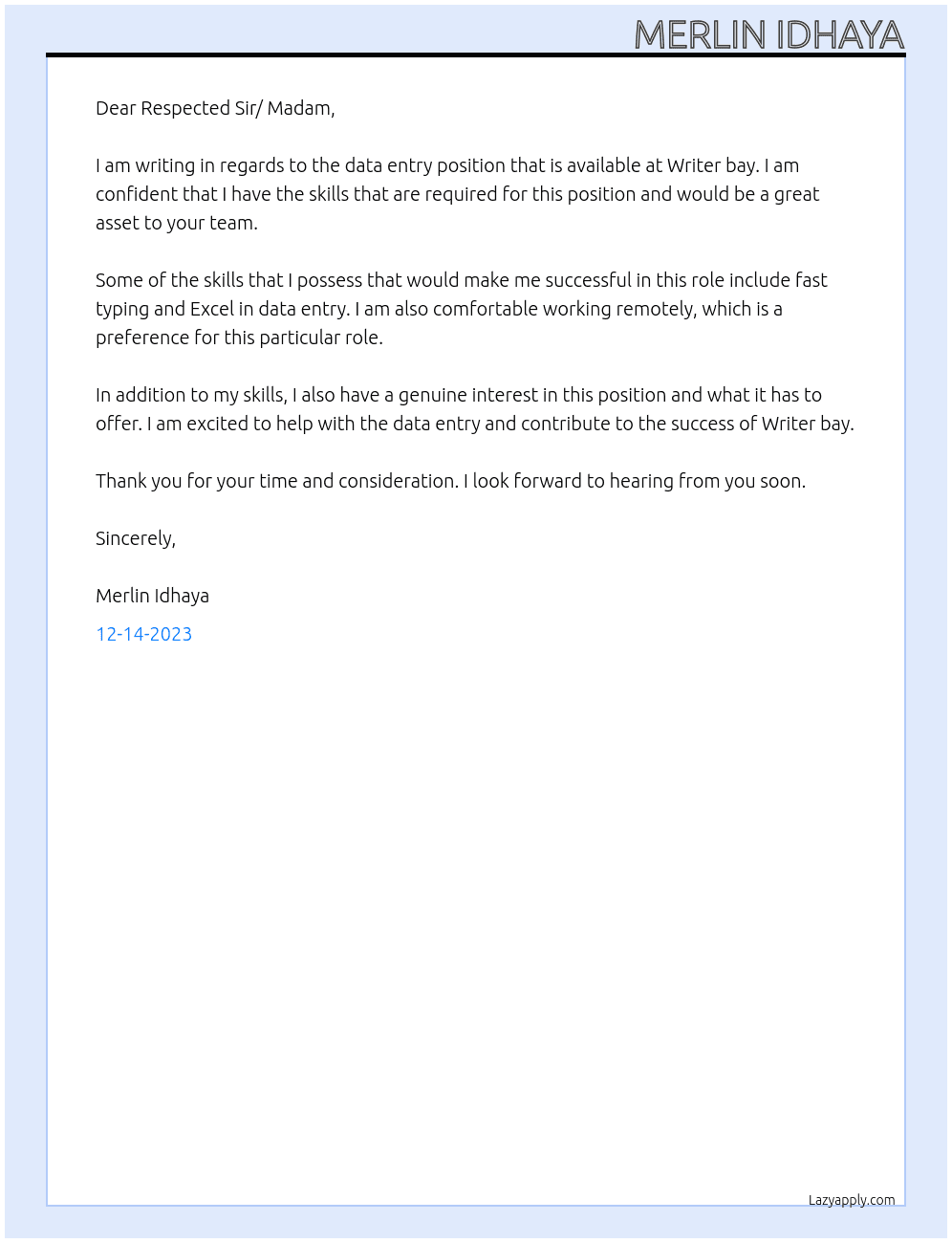 data entry At Writer bay Cover Letter