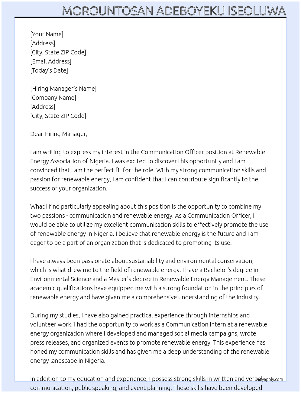 Communication Officer At Renewable Energy Association of Nigeria Cover Letter