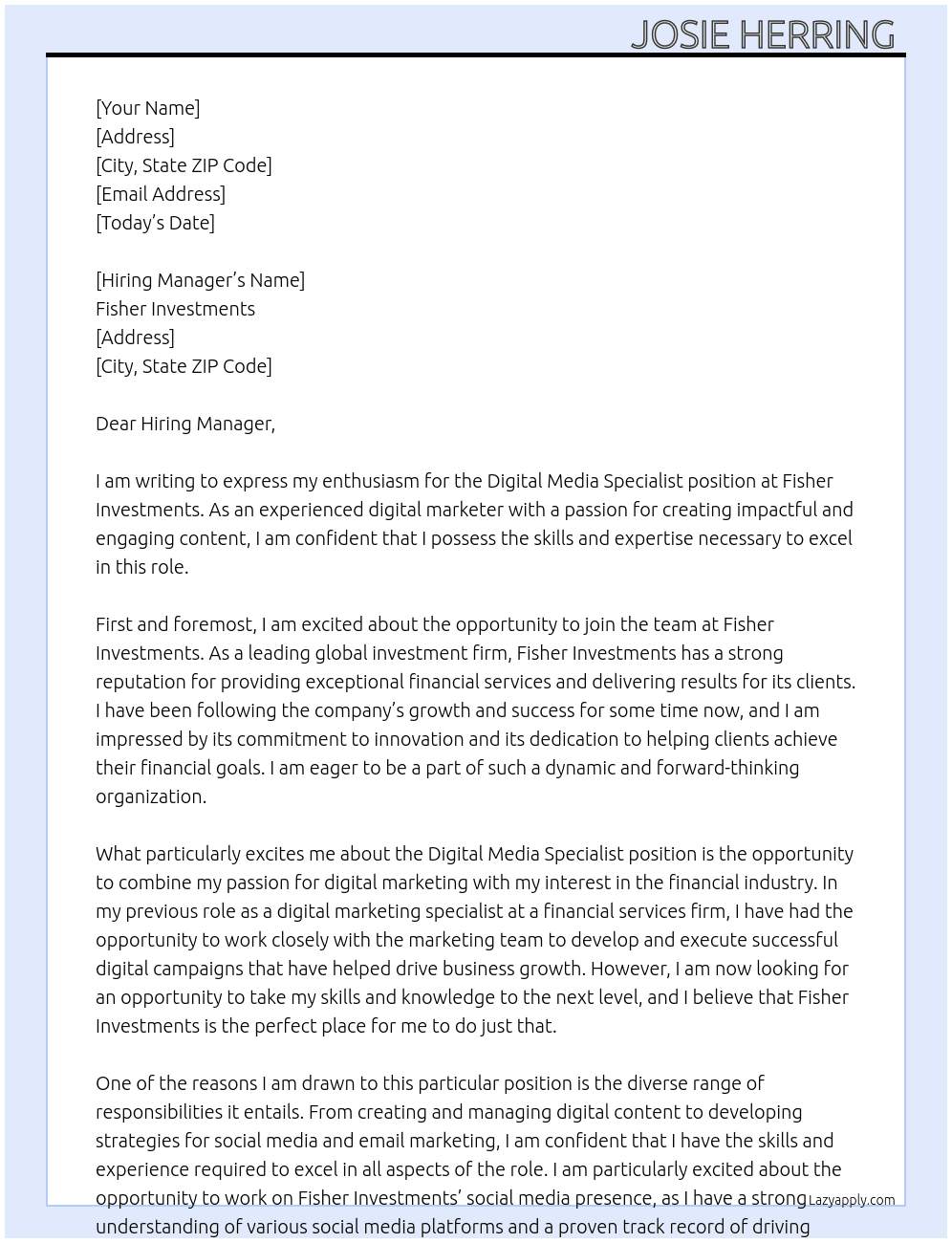 Digital Media Specialist  At Fisher Investments Cover Letter