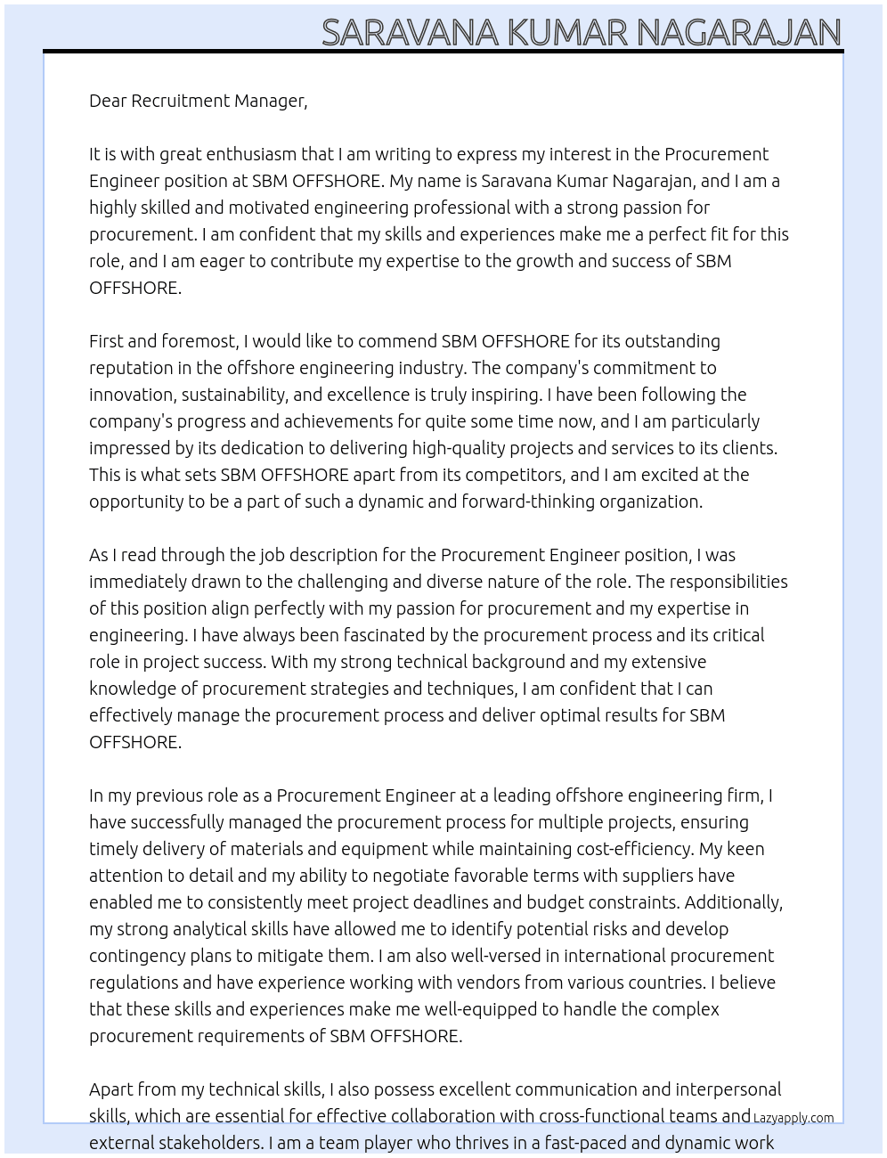 Procurement Engineer At SBM OFFSHORE Cover Letter