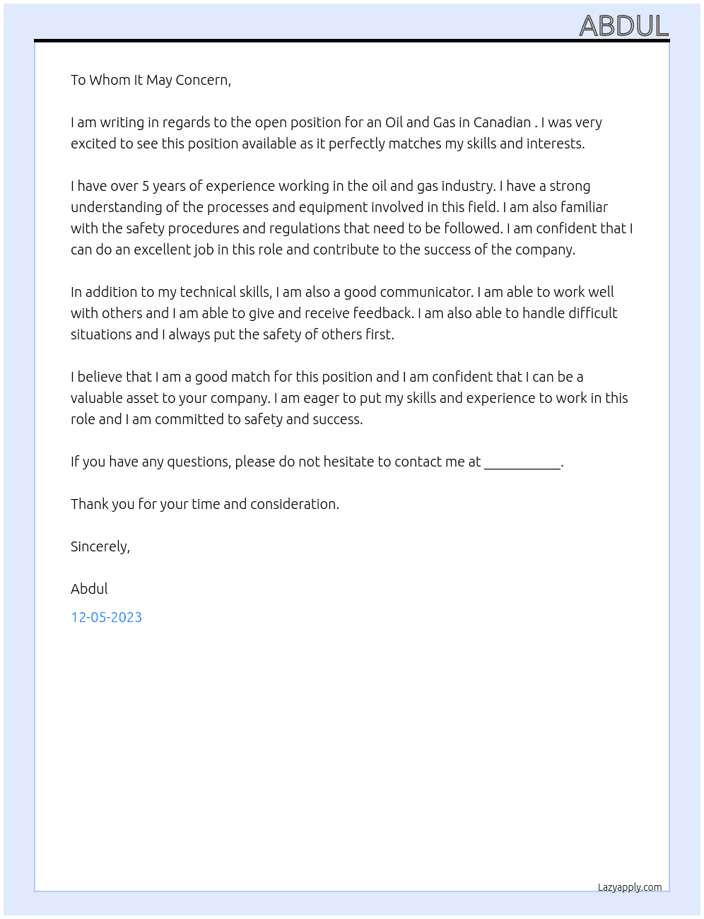 Oil and Gas At Canadian  Cover Letter