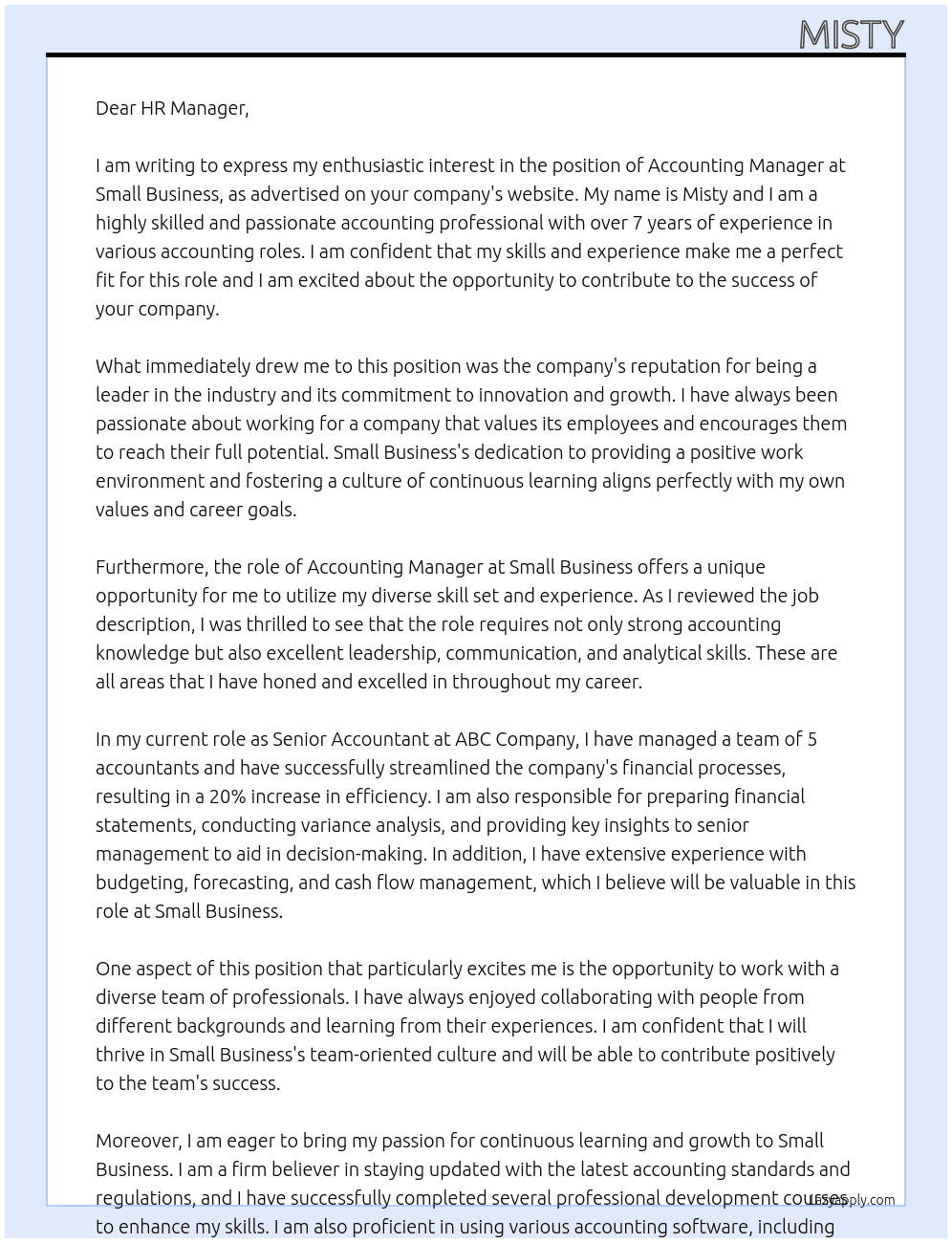 Accounting Manager  At Small Business Cover Letter