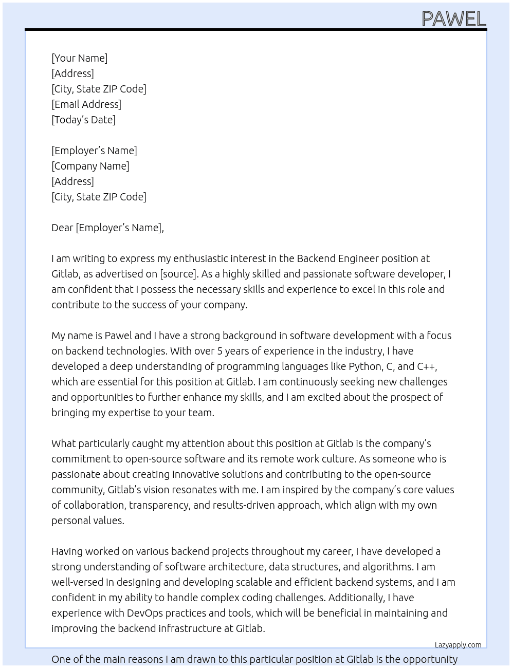 Backend Engineer At Gitlab Cover Letter