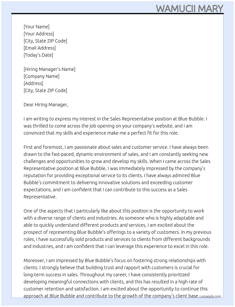 Sales Representative  At Blue Bubble  Cover Letter