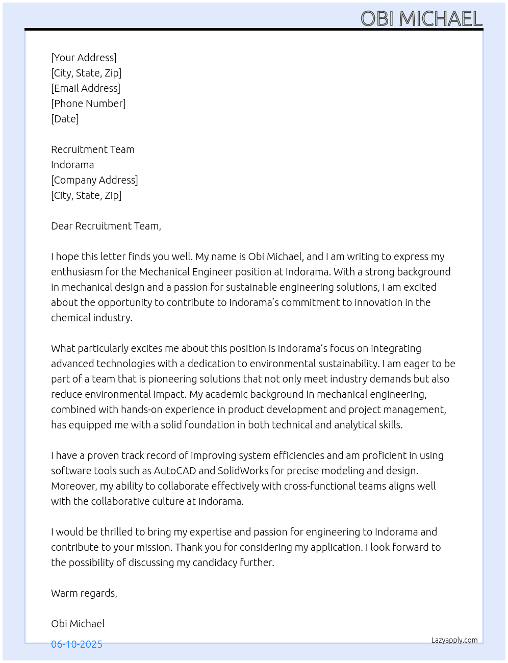 mechanical engineer At indorama Cover Letter