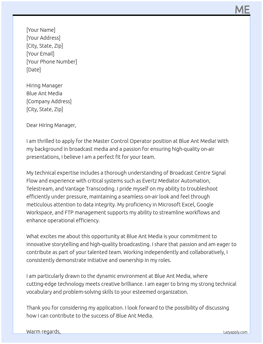 Master Control Operator At Blue Ant Media Cover Letter