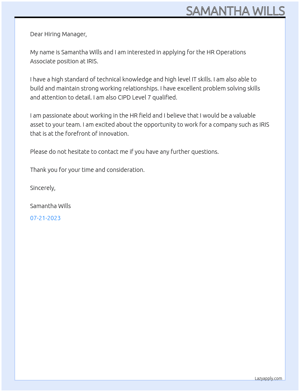 HR Operations Associate At IRIS Cover Letter