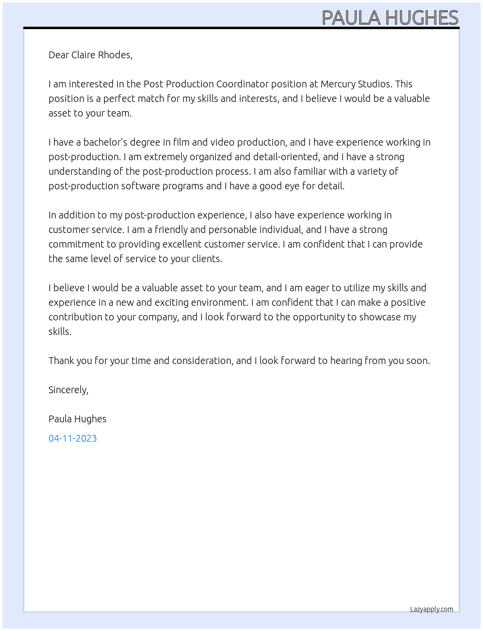 Post Production Coordinator At Mercury Studios Cover Letter