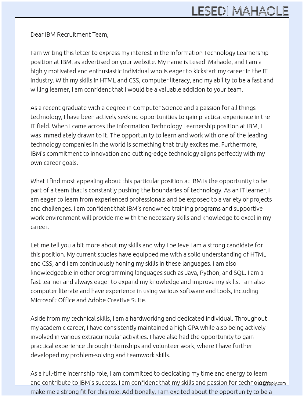Information technology learnership At IBM Cover Letter