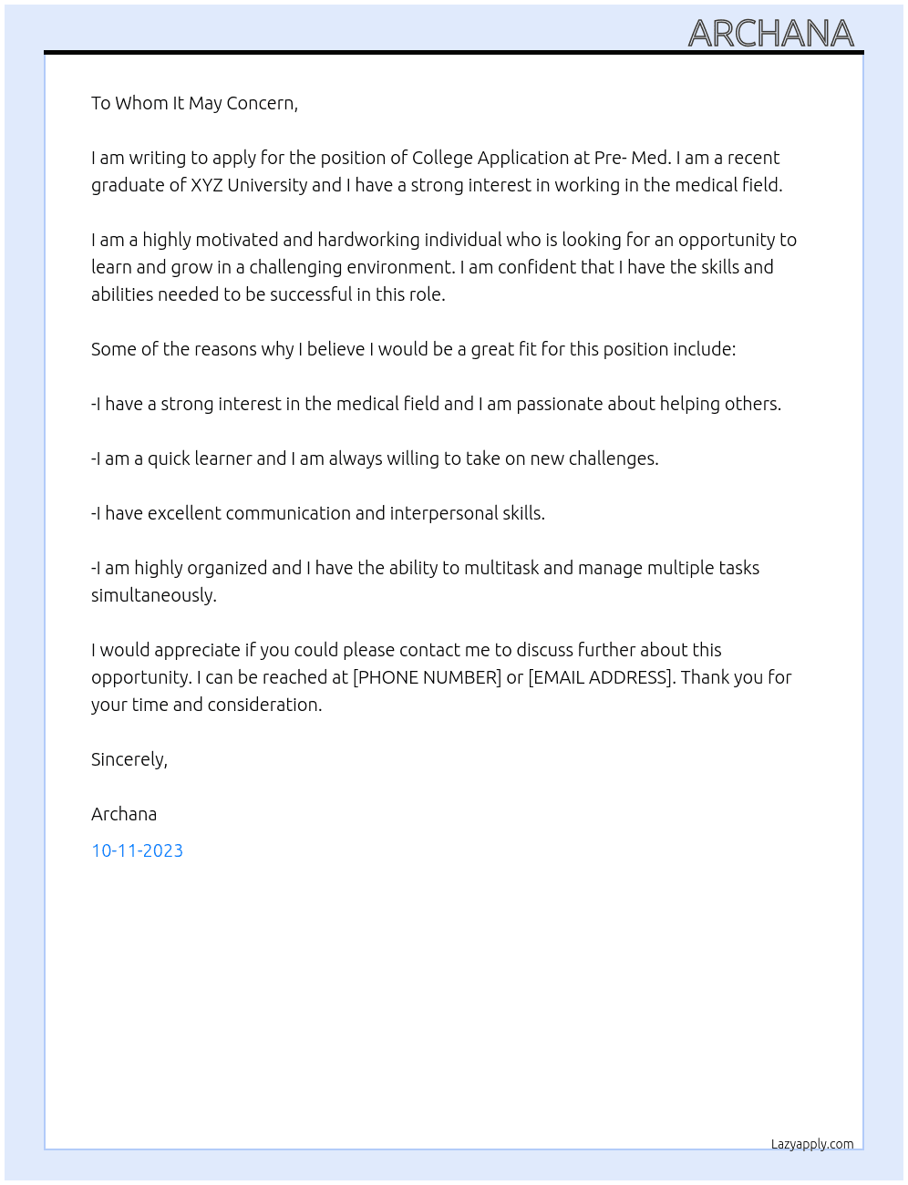 College Application  At Pre- Med  Cover Letter