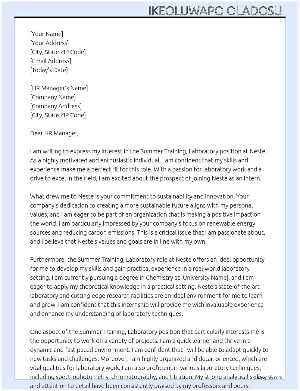 Summer Training, Laboratory  At Neste Cover Letter