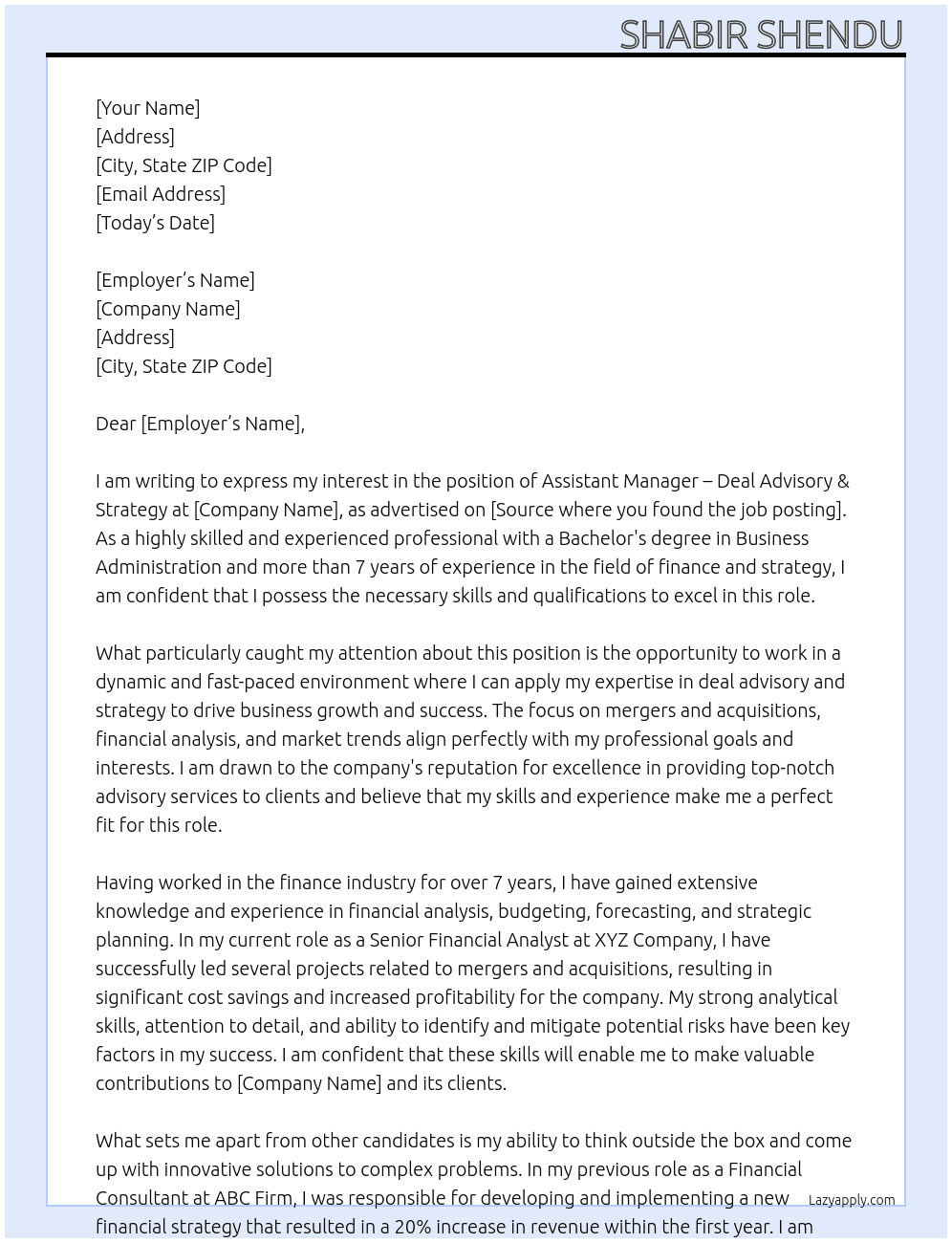Assistant Manager – Deal Advisory & Strategy  At Shabir Shendu Cover Letter