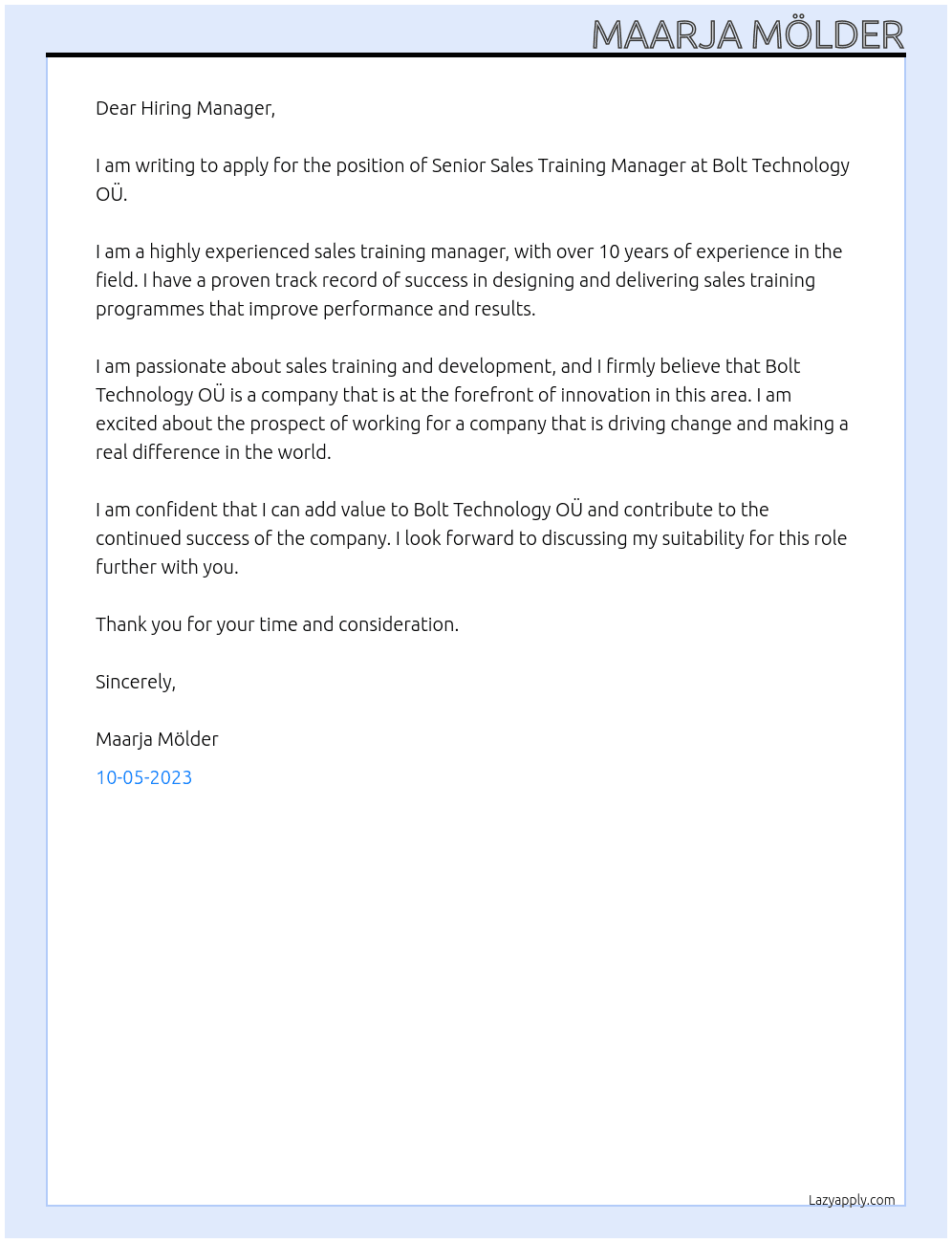 Senior Sales Training Manager At Bolt Technology OÜ Cover Letter