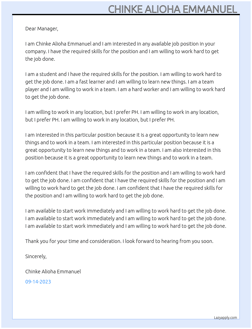 Any position  At Any available job  Cover Letter