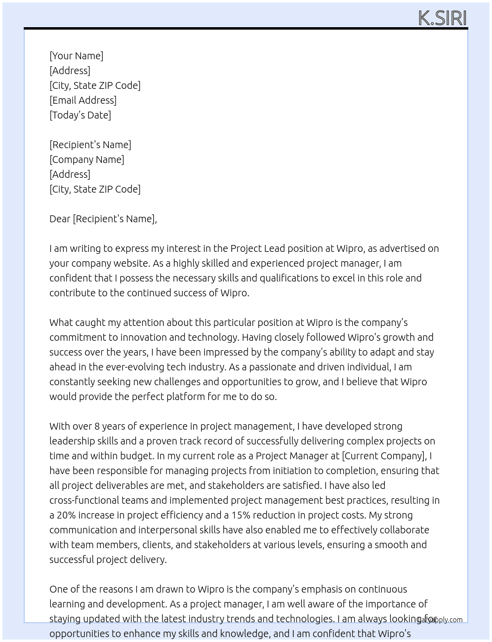 Project lead At Wipro  Cover Letter