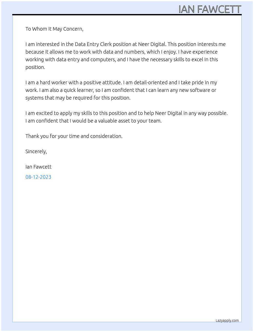 Data Entry Clerk At Neer Digital Cover Letter