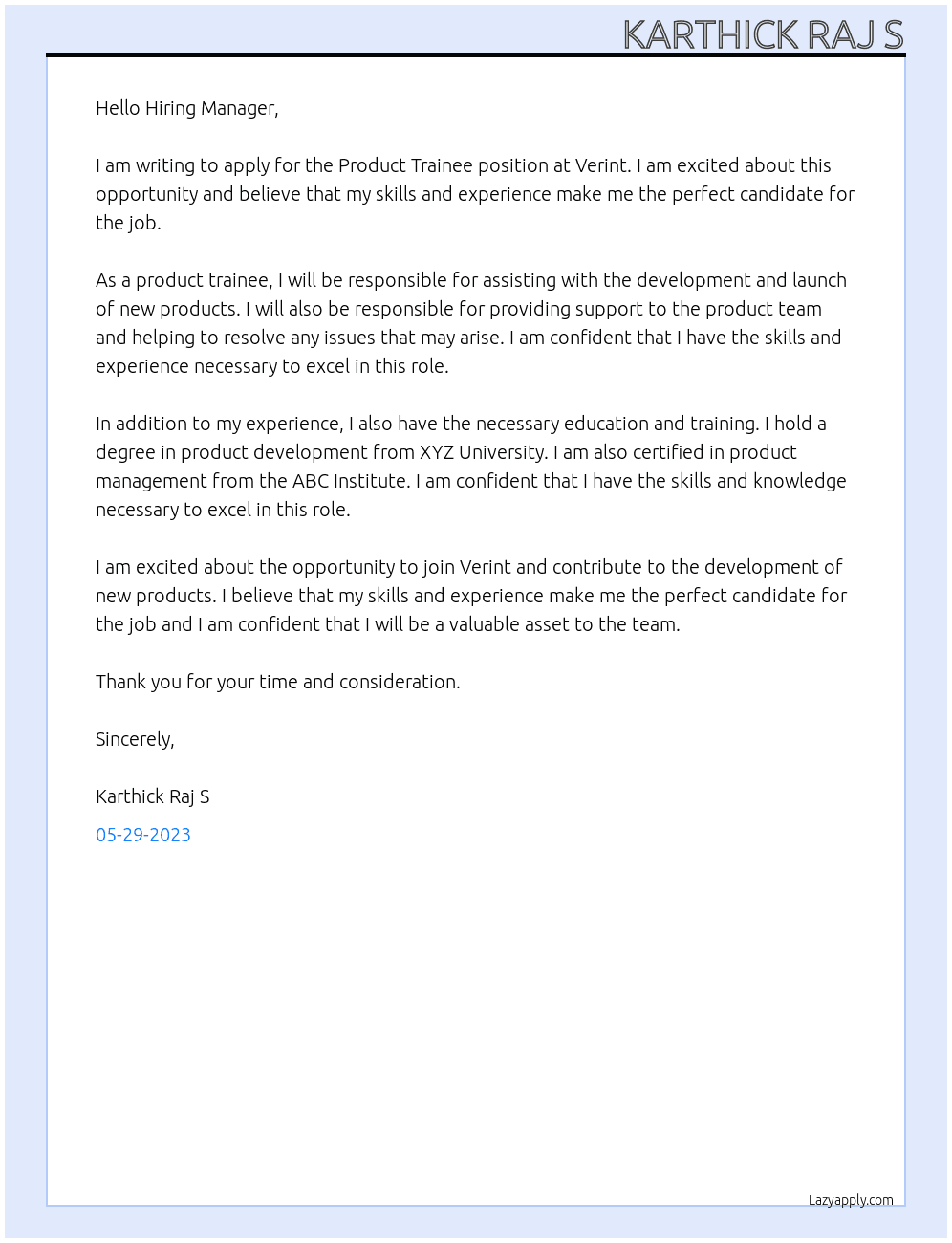 Product Trainee At Verint Cover Letter