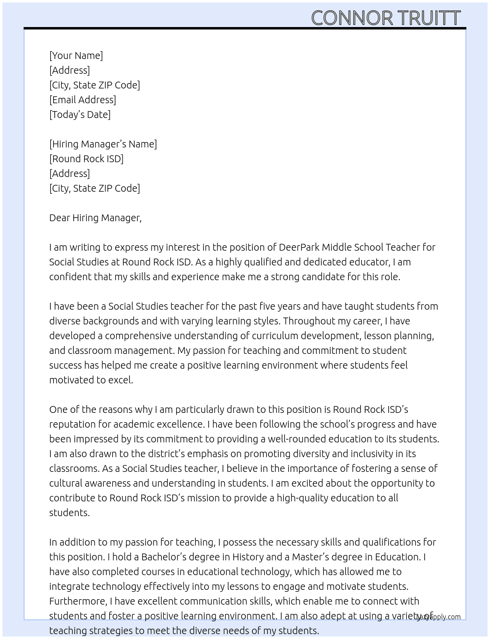 DeerPark Middle School Teach - Social Studies  At Round Rock ISD  Cover Letter
