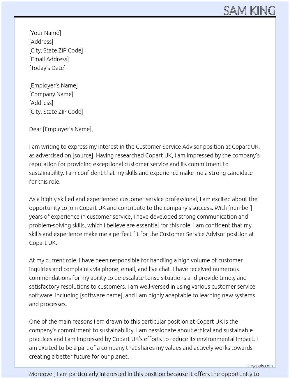 Customer service advisor At Copart UK Cover Letter