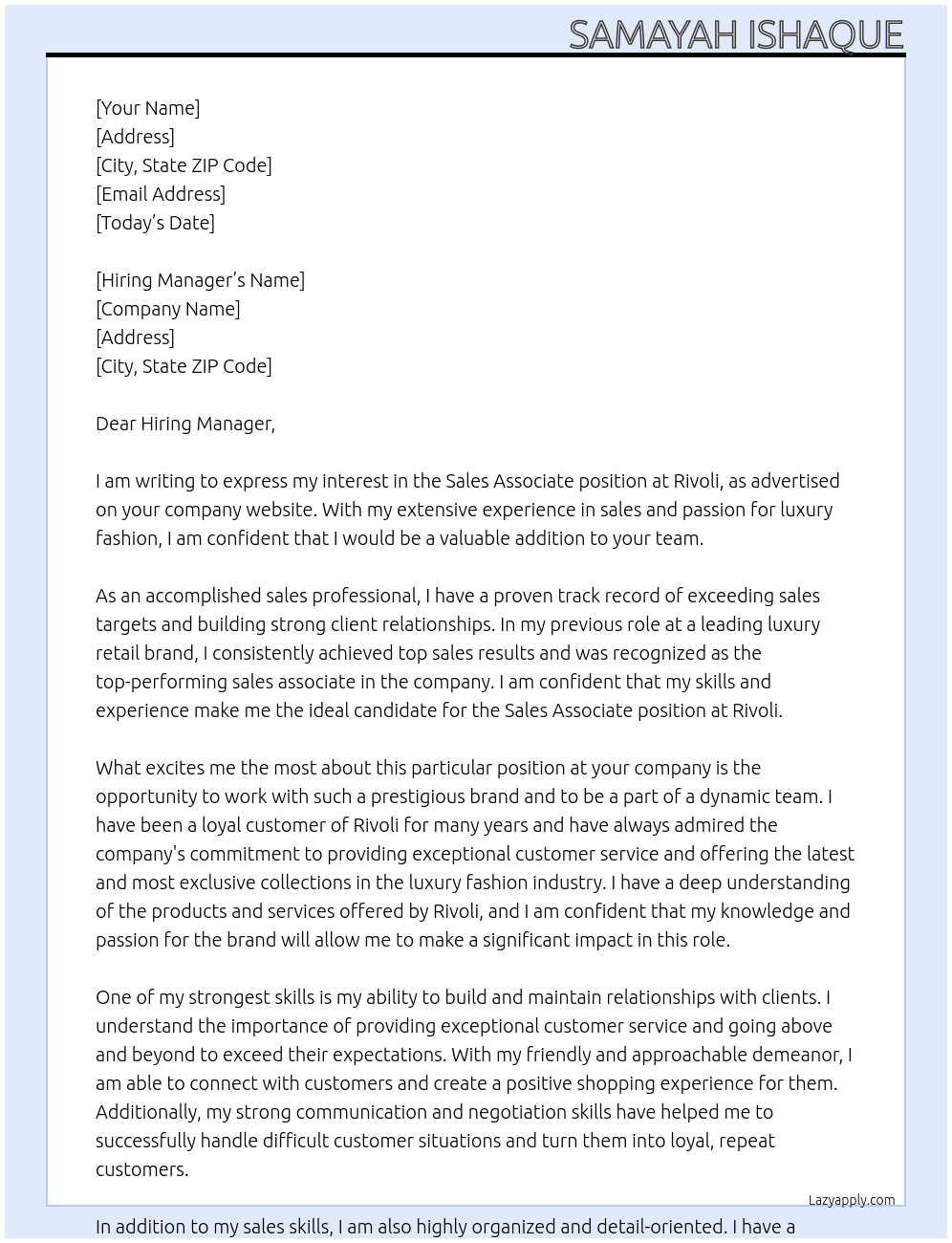 Sales Associate  At Rivoli Cover Letter
