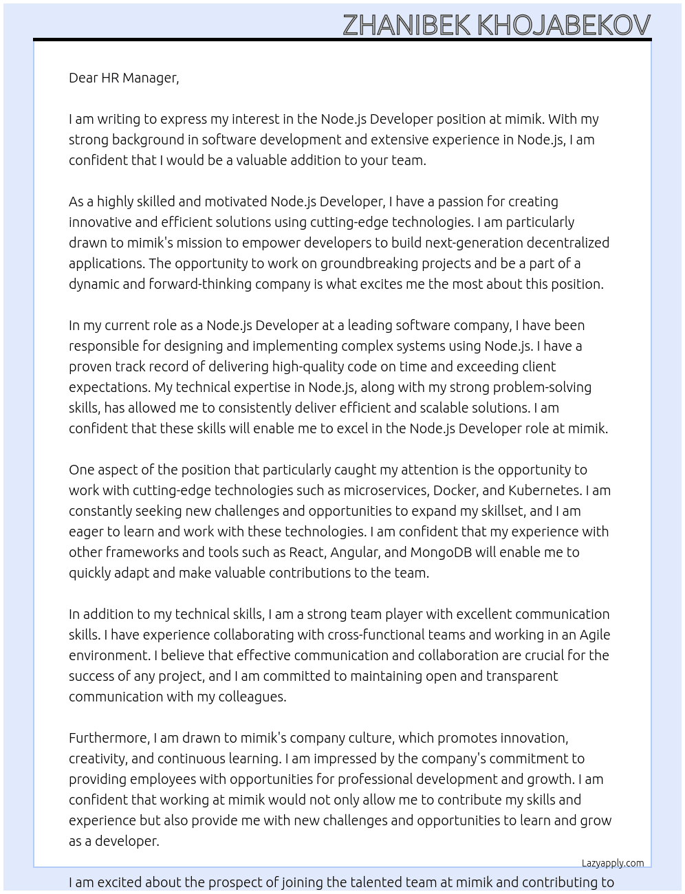 Node.js developer At mimik Cover Letter