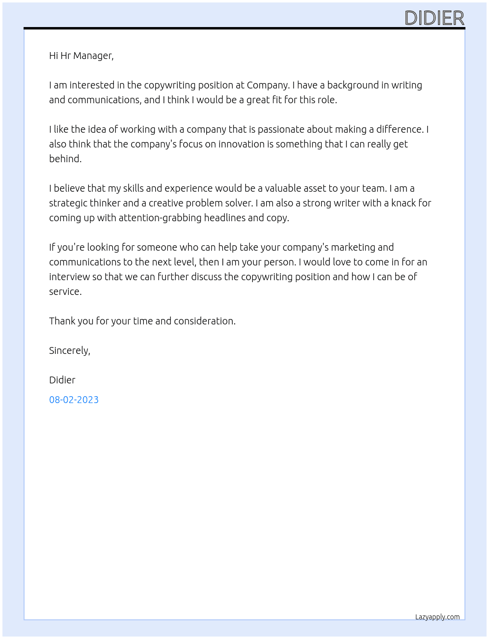 Copywriting At Company Cover Letter