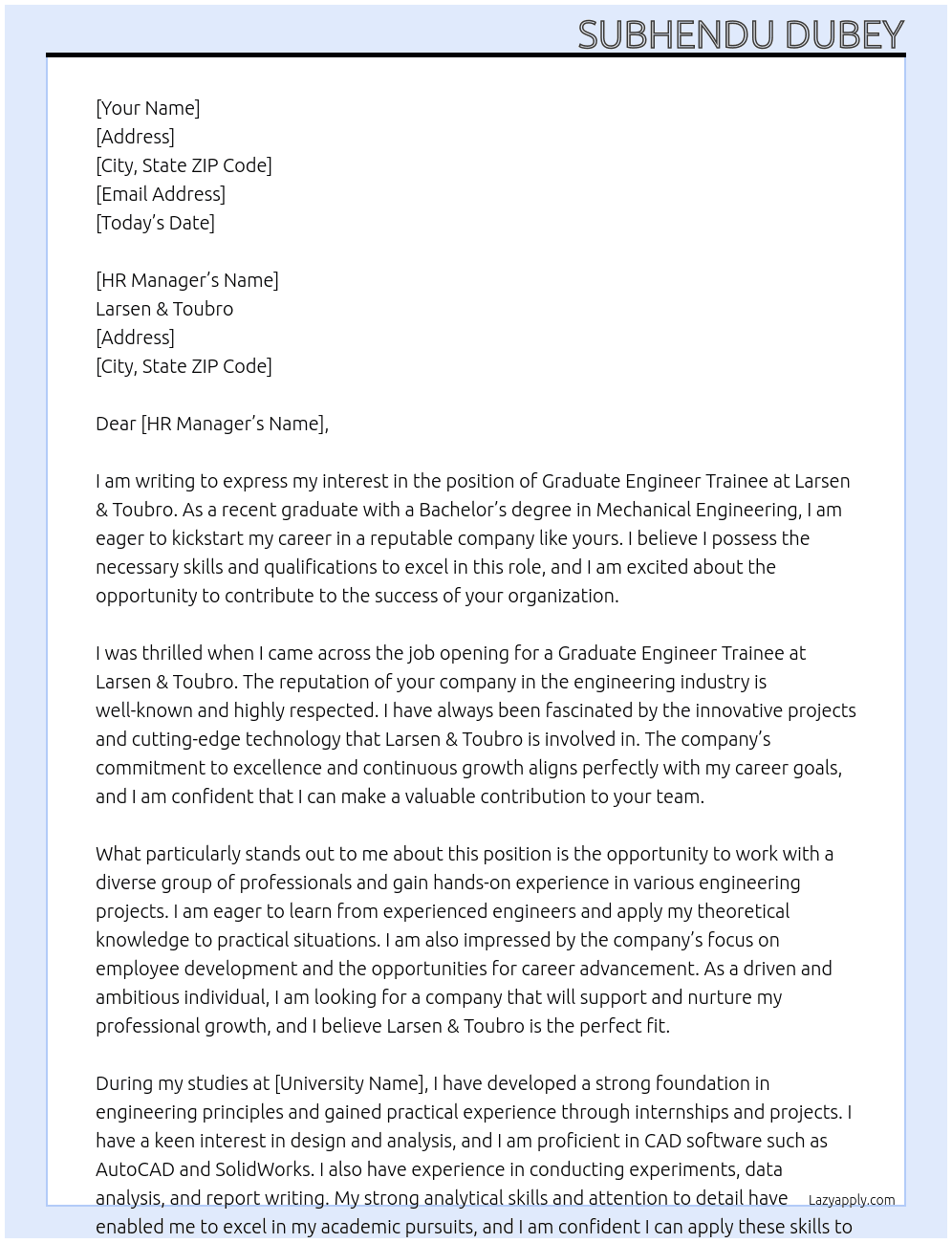 Graduate engineer trainee  At Larsen & toubro  Cover Letter