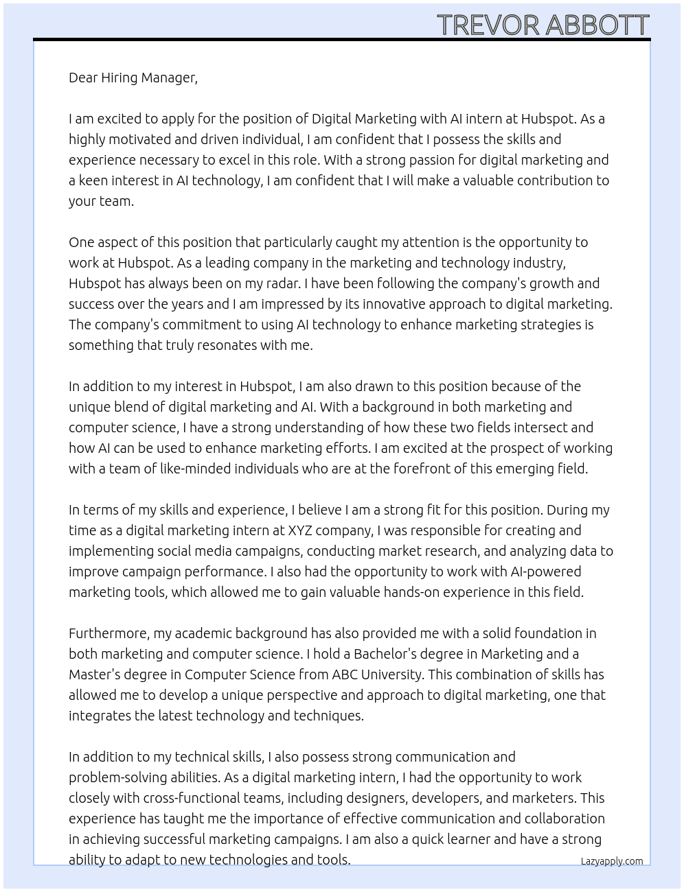 Digital Marketing with AI intern At Hubspot Cover Letter