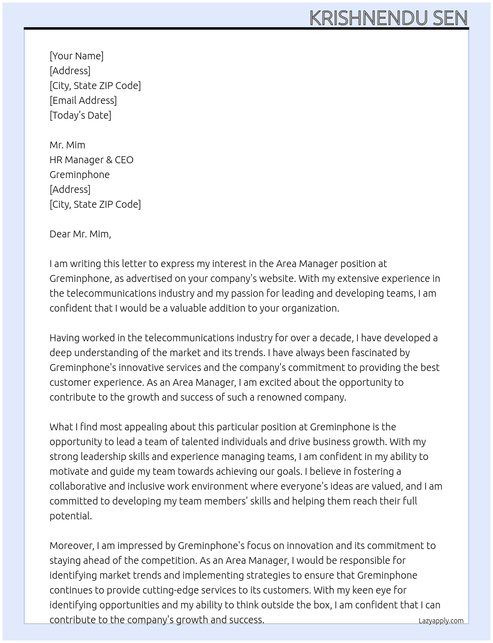 Area Manager At Greminphone Cover Letter