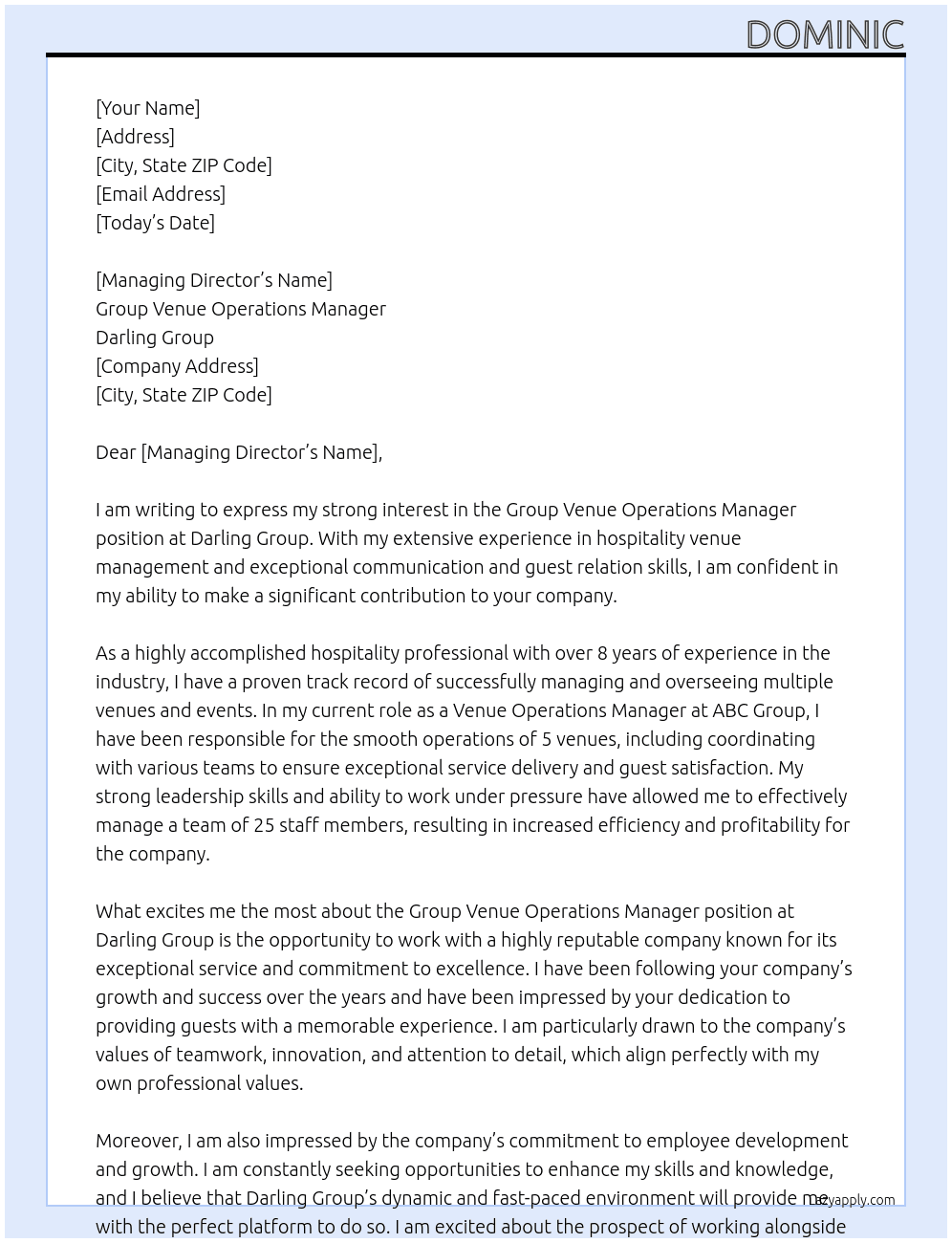 Group Venue Operations Manager At Darling Group Cover Letter