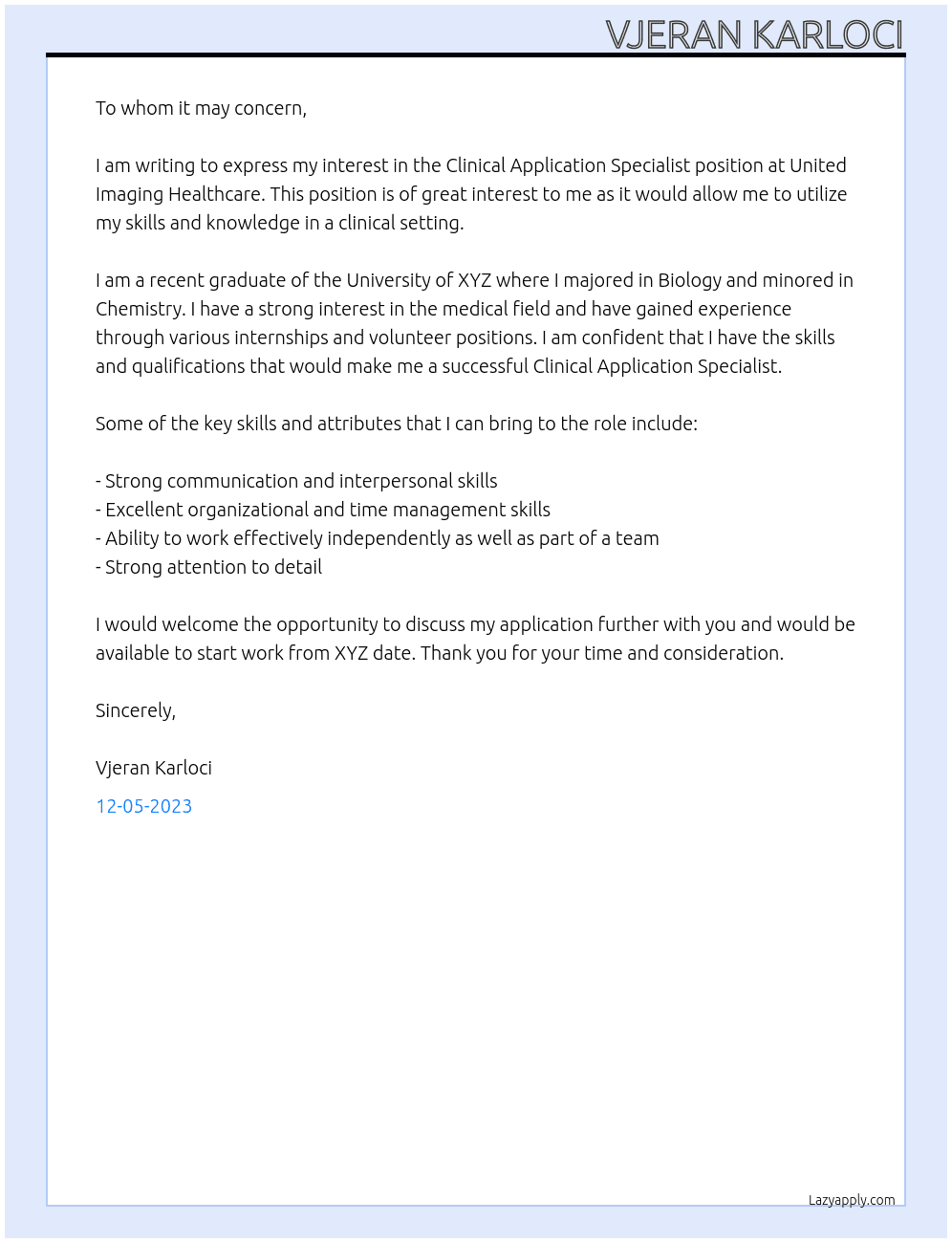 Clinical application specialist At United imaging healthcare Cover Letter
