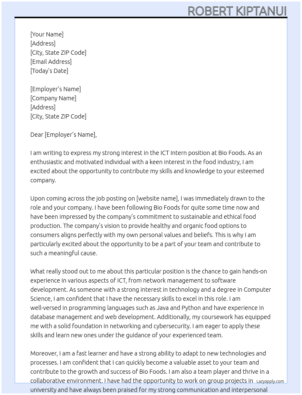ICT INTERN At BIO FOODS Cover Letter