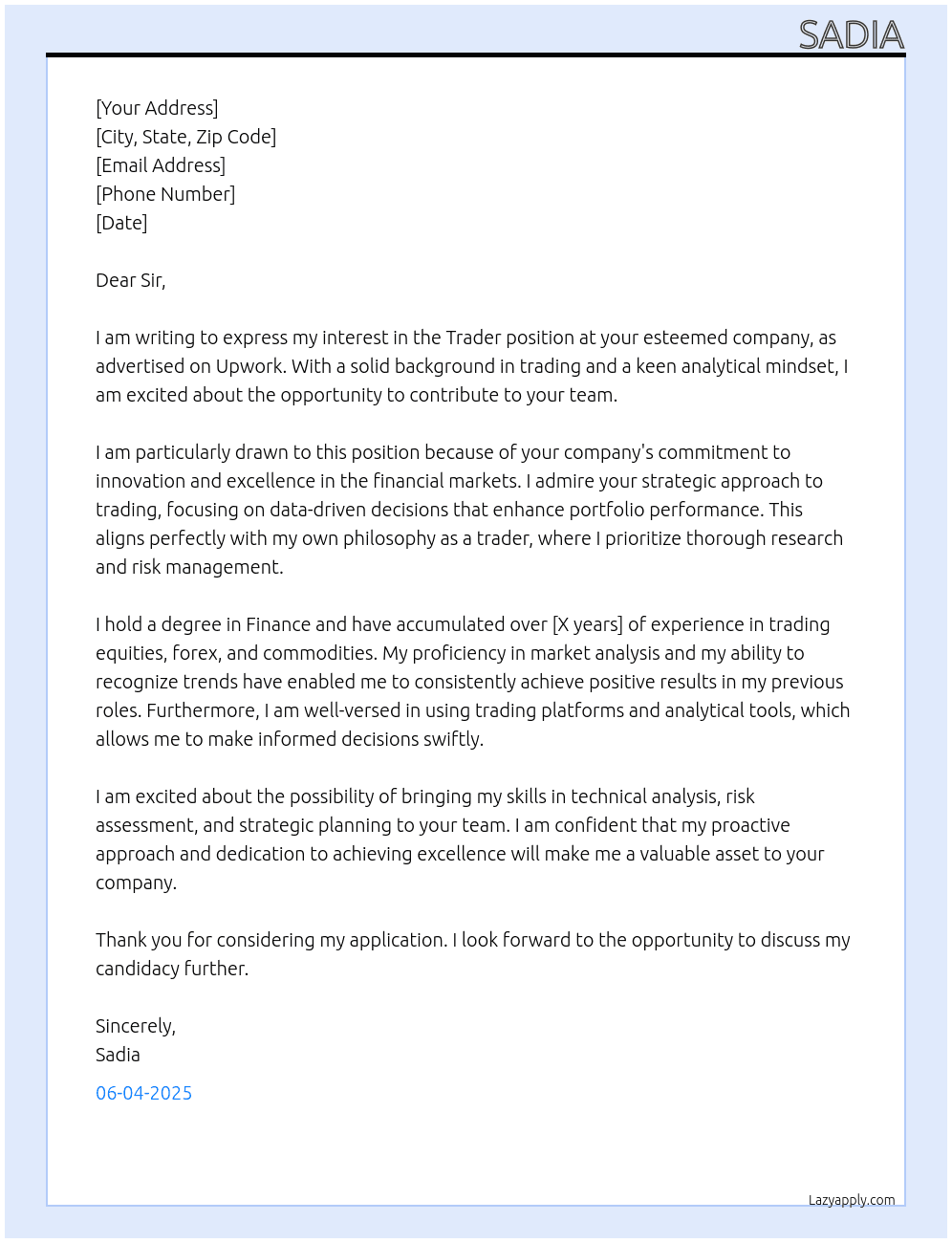 trader At on upwork Cover Letter