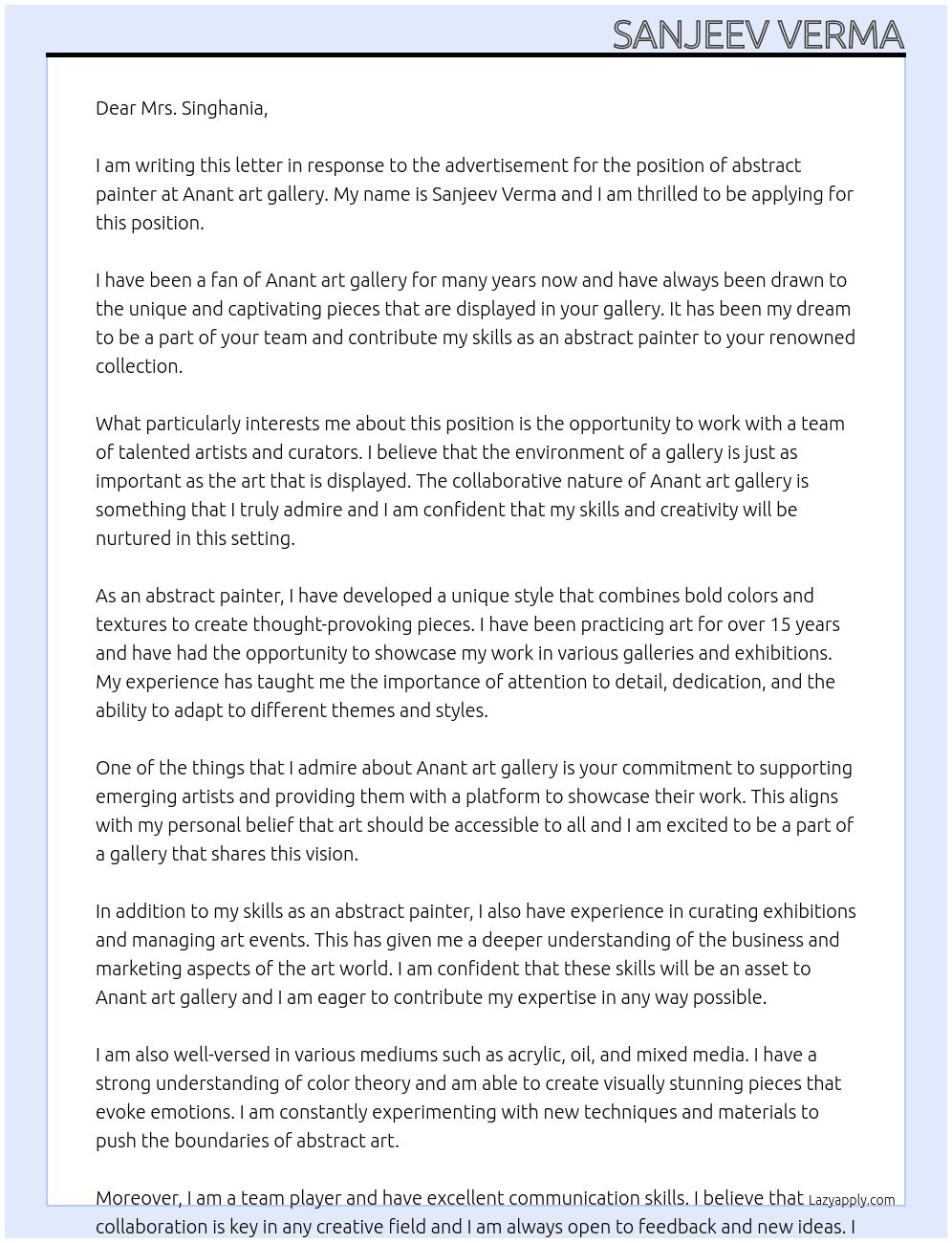 abstract painter At Anant art gallery Cover Letter