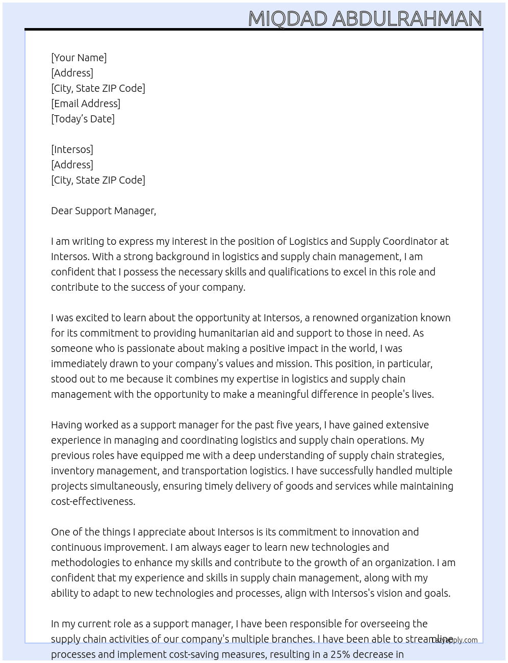 Logistics and Supply coordinator At Intersos Cover Letter