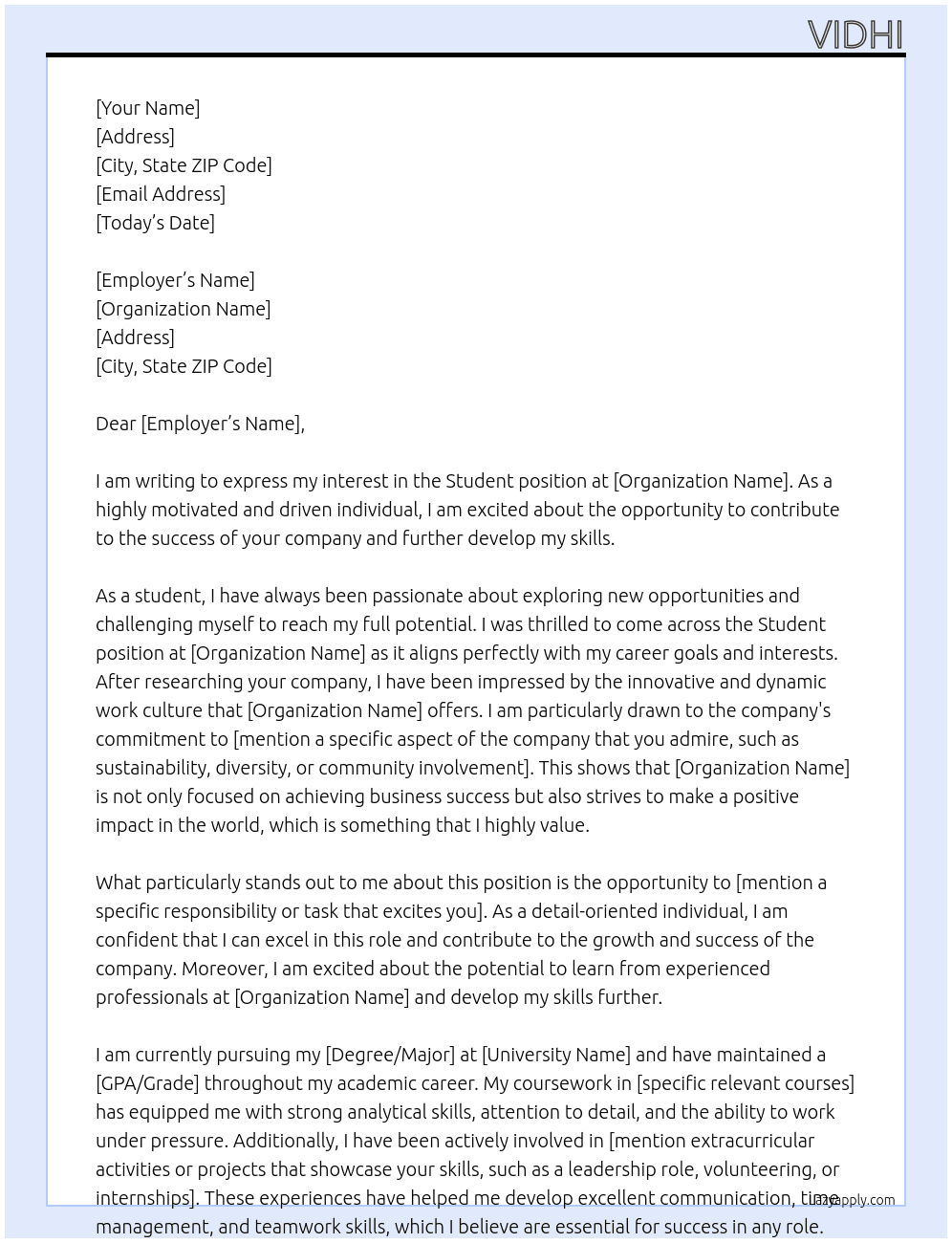 student  At generally for evey company  Cover Letter
