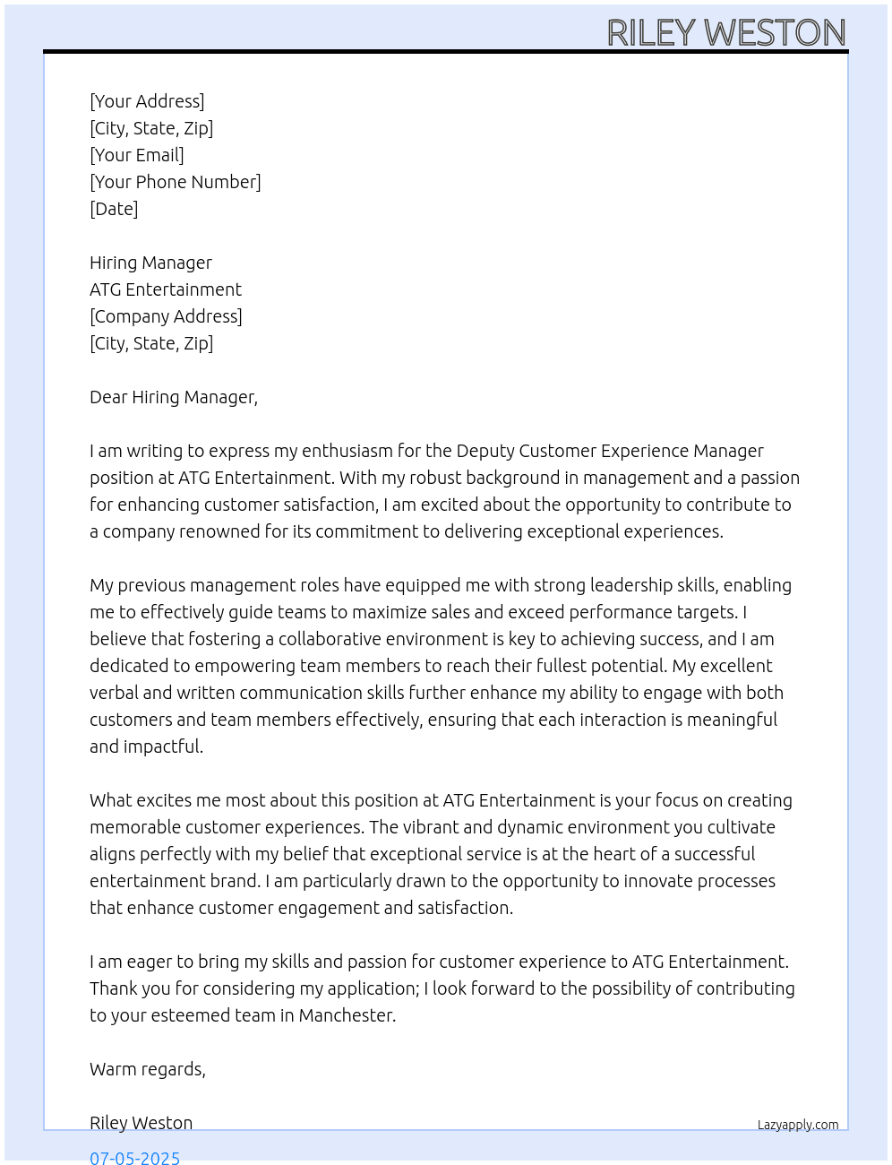 Deputy Customer Experience Manager At ATG Entertainment Cover Letter