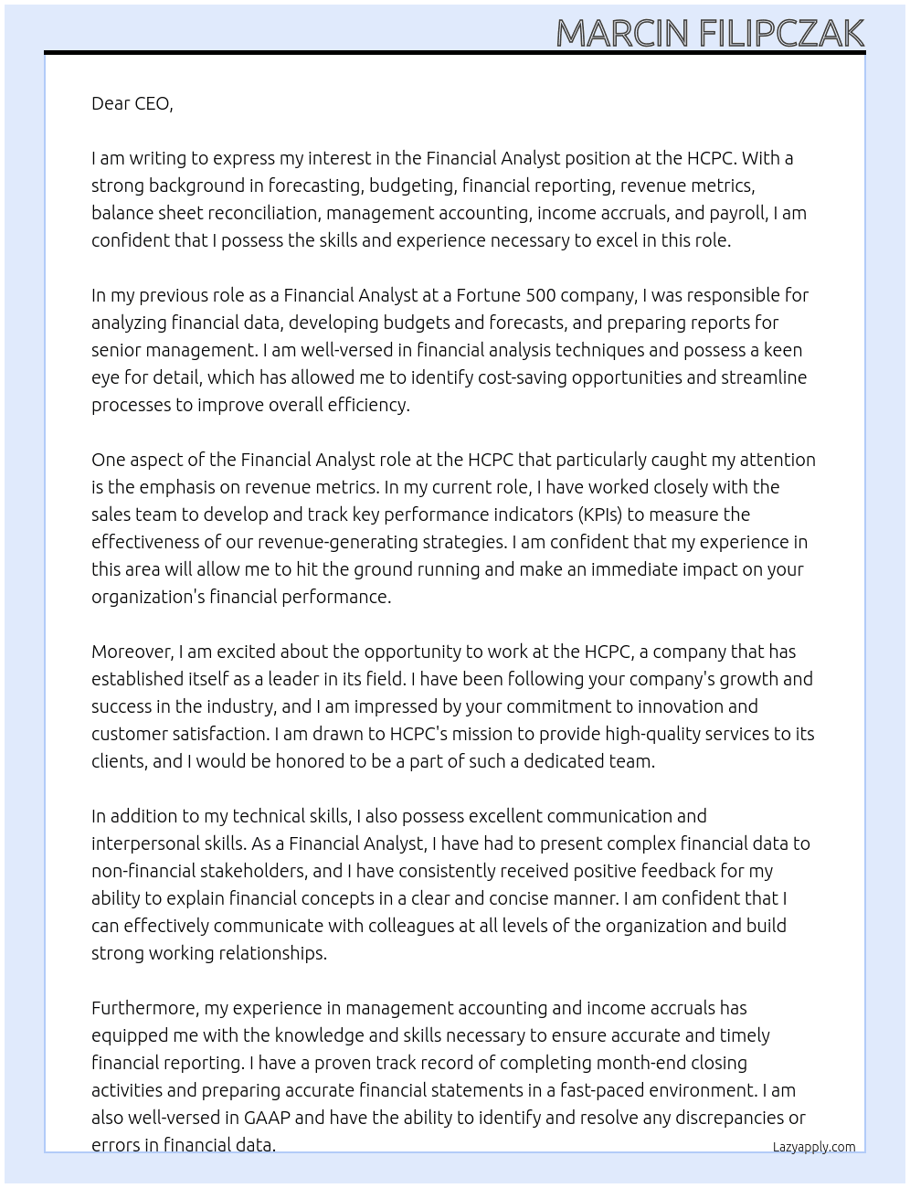 Financial Analyst At the HCPC Cover Letter
