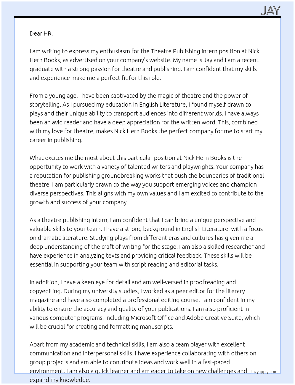 Theatre Publishing intern At Nick Hern Books Cover Letter