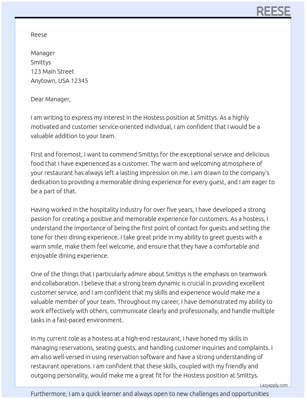 Hostess At Smittys  Cover Letter