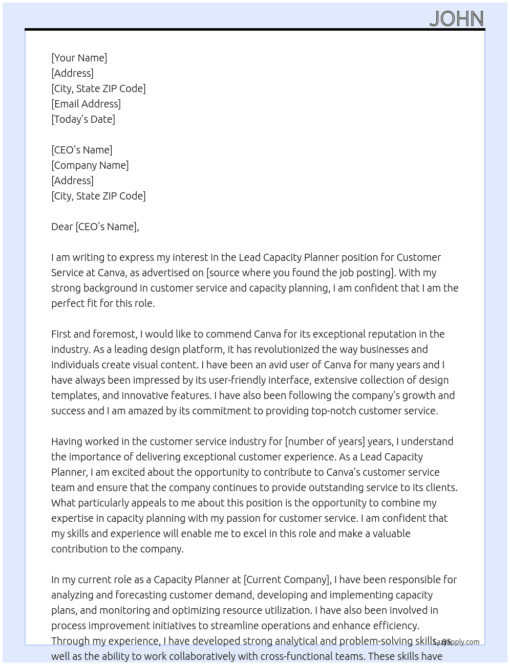 Lead Capacity Planner - Customer Service At Canva Cover Letter