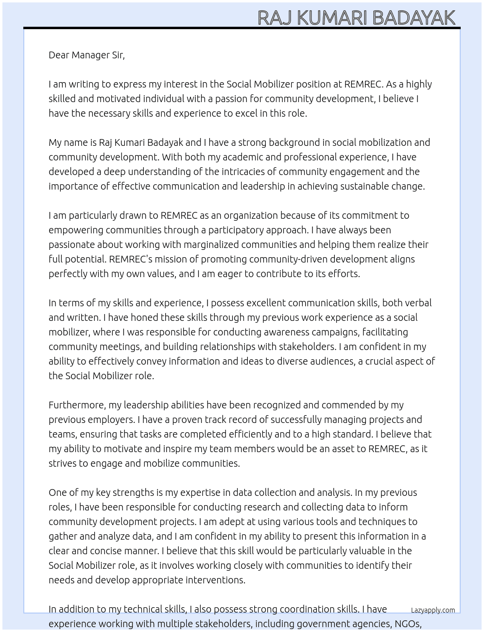 Social movilizer At REMREC Cover Letter